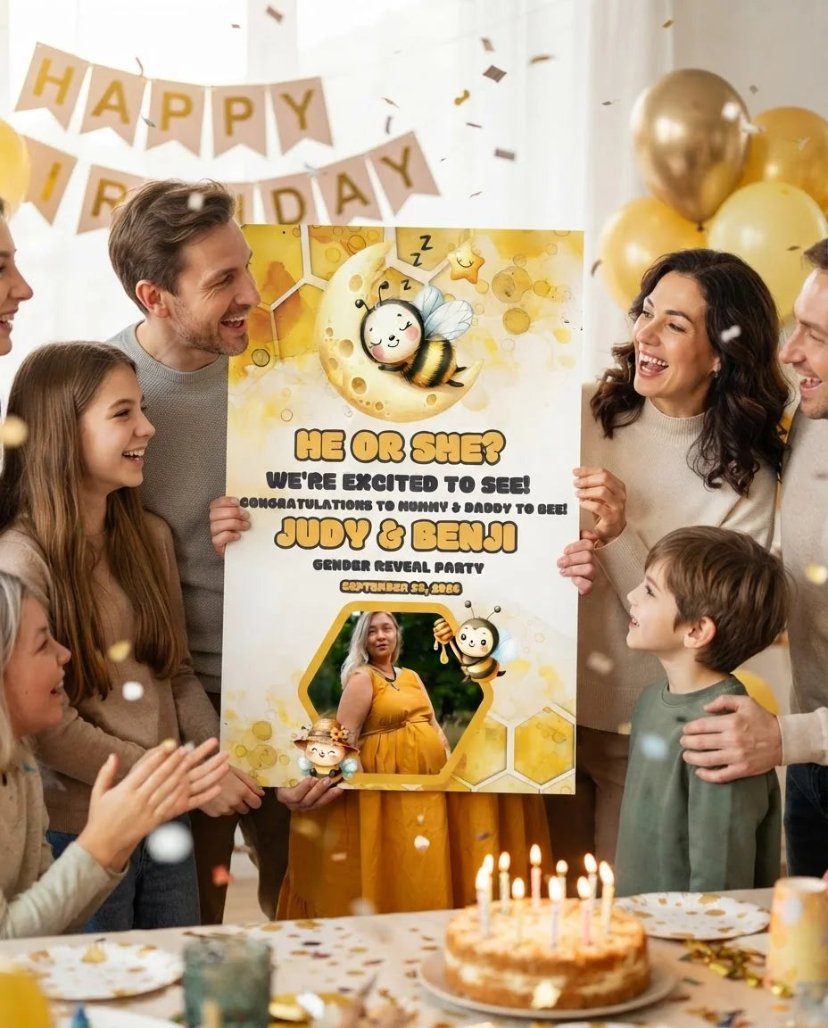 Friends and family celebrating with the personalised What Will the Baby Bee Gender Reveal Party Mega Card