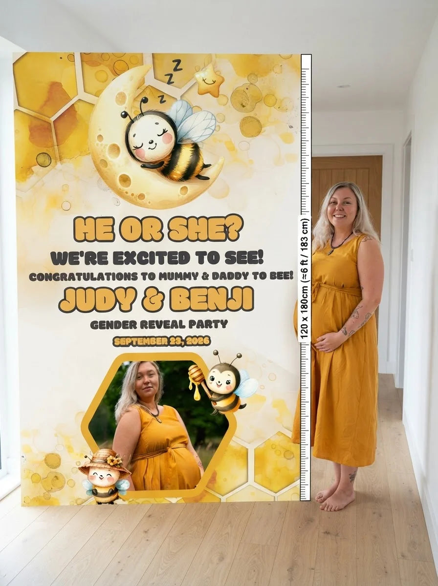 Person standing beside the What Will the Baby Bee Gender Reveal Party Mega Card for scale in a size guide