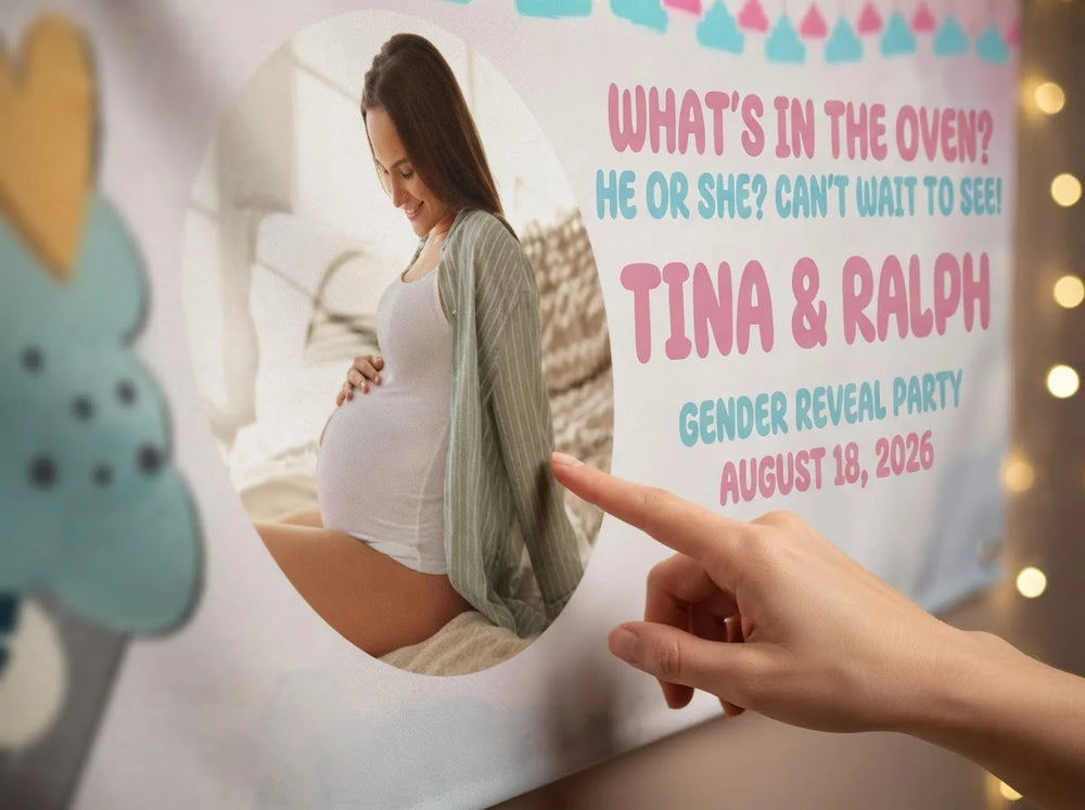Close-up of the personalised name and photo printed on the What's in the Oven Gender Reveal Party Banner