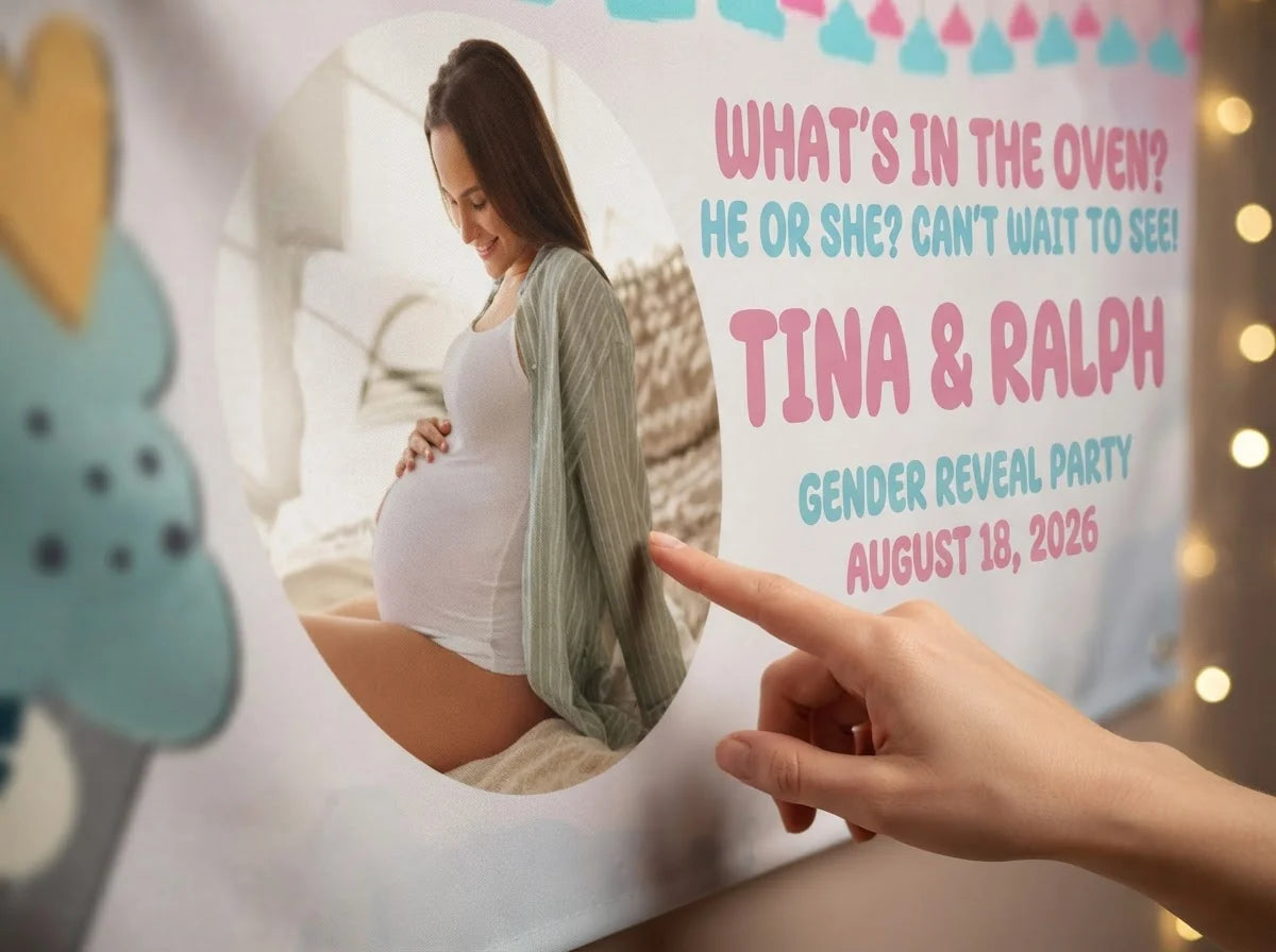 Close-up of the personalised name and photo printed on the What's in the Oven Gender Reveal Party Banner