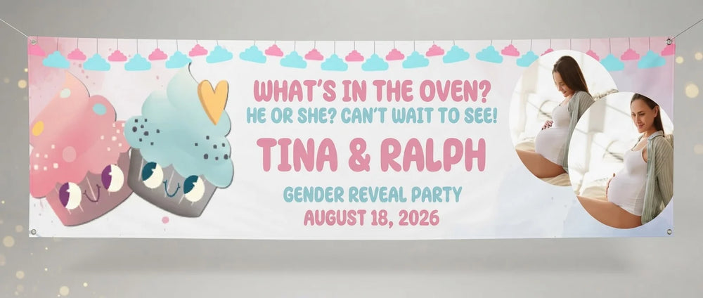 Personalised What's in the Oven Gender Reveal Party Banner displayed against a plain studio background