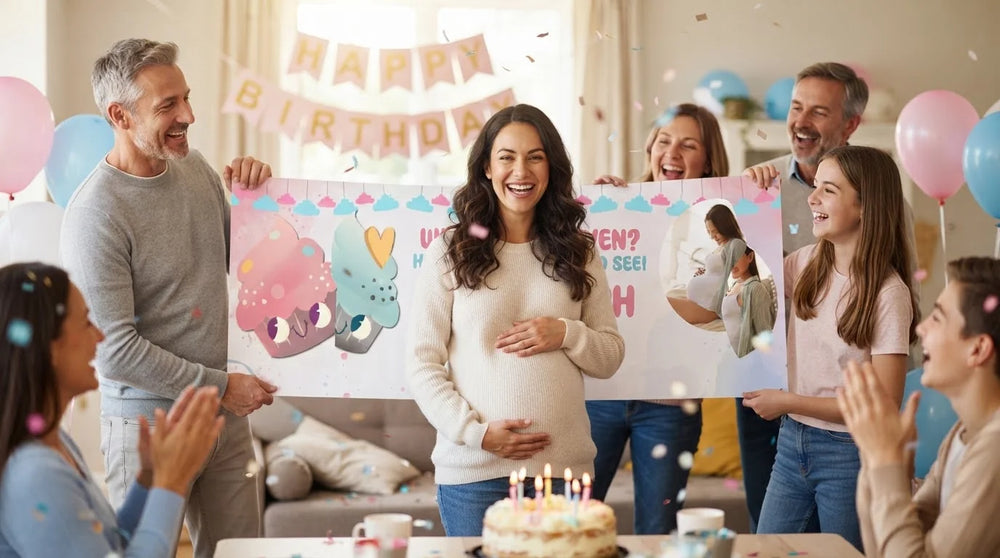 Friends and family celebrating with the personalised What's in the Oven Gender Reveal Party Banner