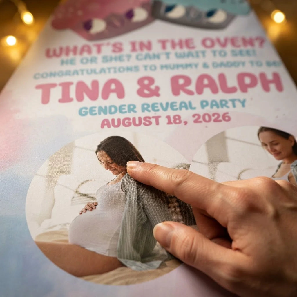 Close-up of the personalised name and photo printed on the What's in the Oven Gender Reveal Party Mega Card