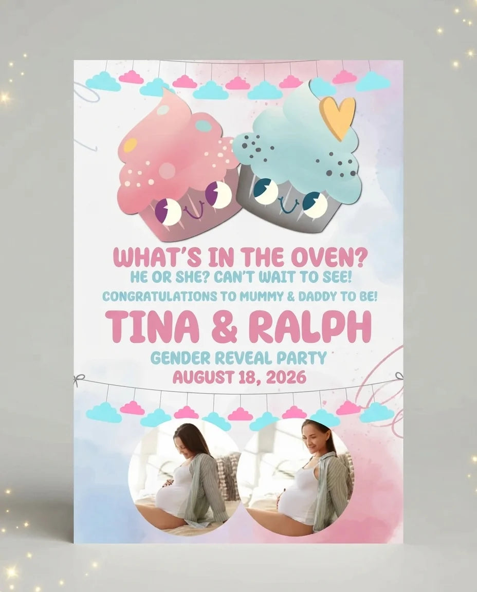 Personalised What's in the Oven Gender Reveal Party Mega Card displayed against a plain studio background