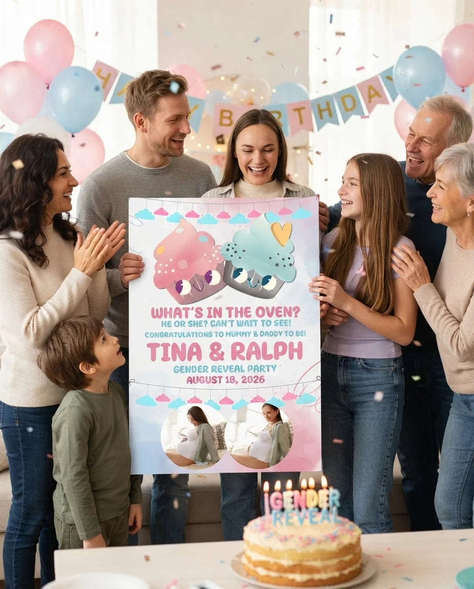Friends and family celebrating with the personalised What's in the Oven Gender Reveal Party Mega Card