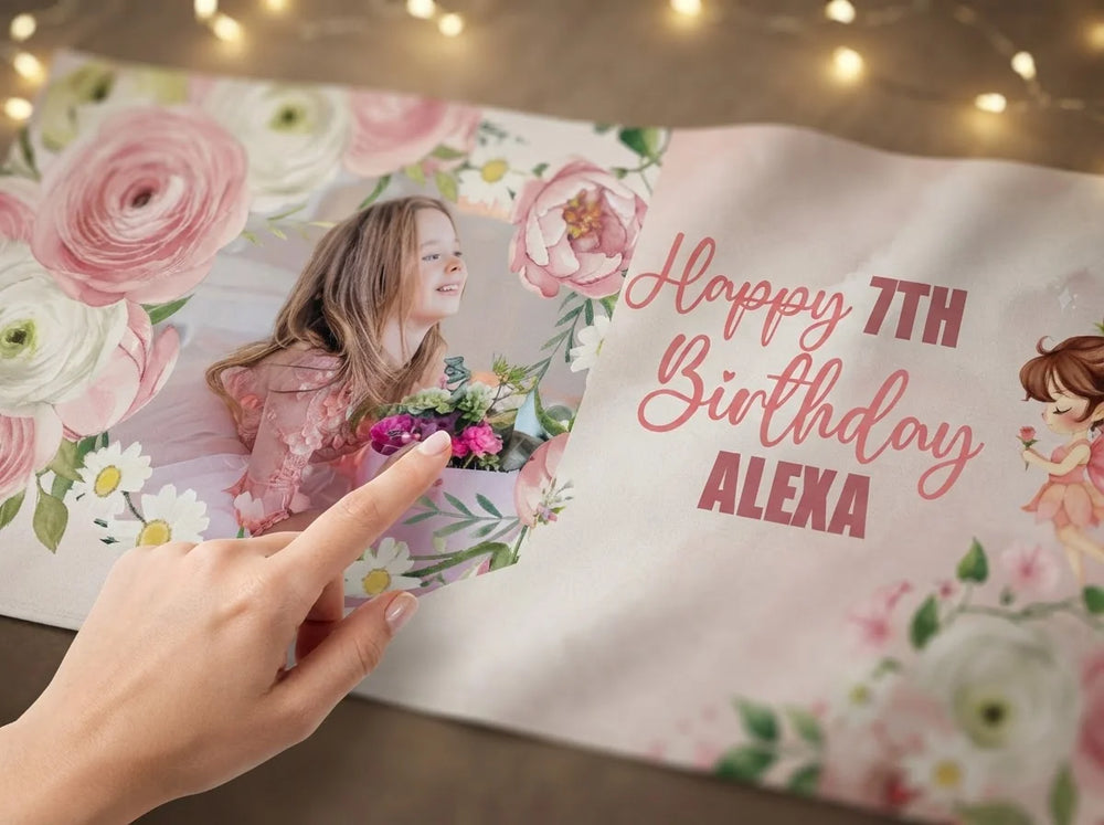 Close-up of the personalised name and photo printed on the Whimsical Pastel Fairy Birthday Party Banner