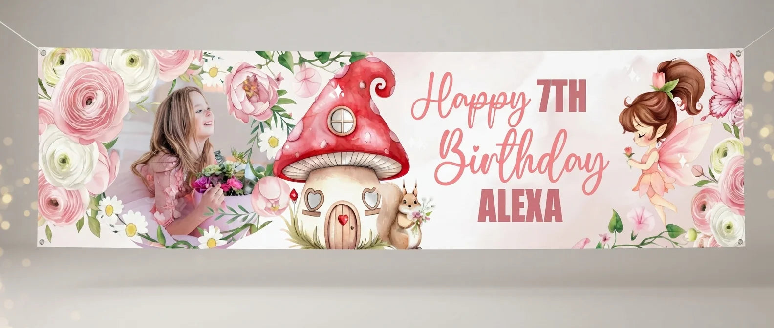 Personalised Whimsical Pastel Fairy Birthday Party Banner displayed against a plain studio background