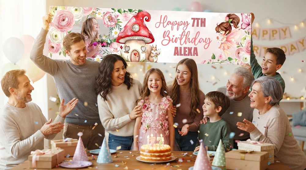 Friends and family celebrating with the personalised Whimsical Pastel Fairy Birthday Party Banner