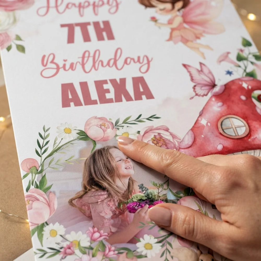 Close-up of the personalised name and photo printed on the Whimsical Pastel Fairy Birthday Party Mega Card