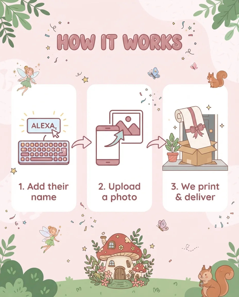 How it works: add a name, upload a photo, and we print and deliver the Whimsical Pastel Fairy Birthday Party Mega Card