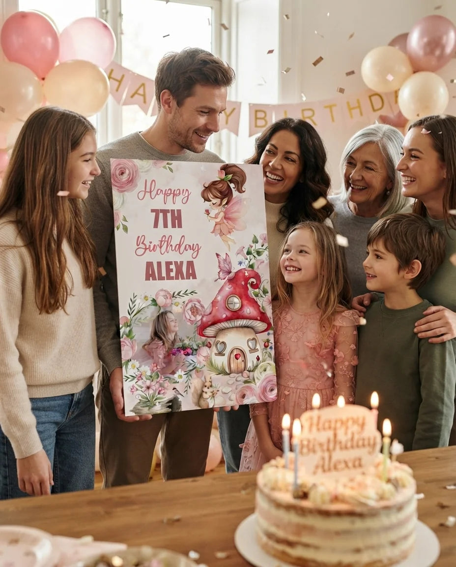 Friends and family celebrating with the personalised Whimsical Pastel Fairy Birthday Party Mega Card