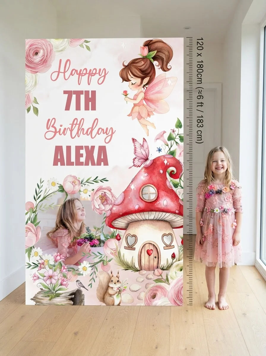 Person standing beside the Whimsical Pastel Fairy Birthday Party Mega Card for scale in a size guide