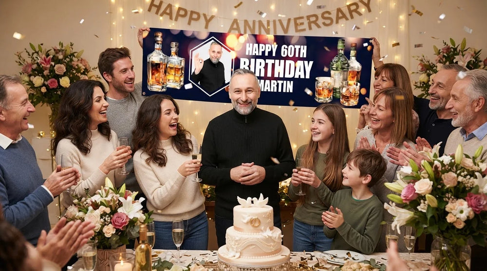 Friends and family celebrating with the personalised Whiskey Birthday Party Banner