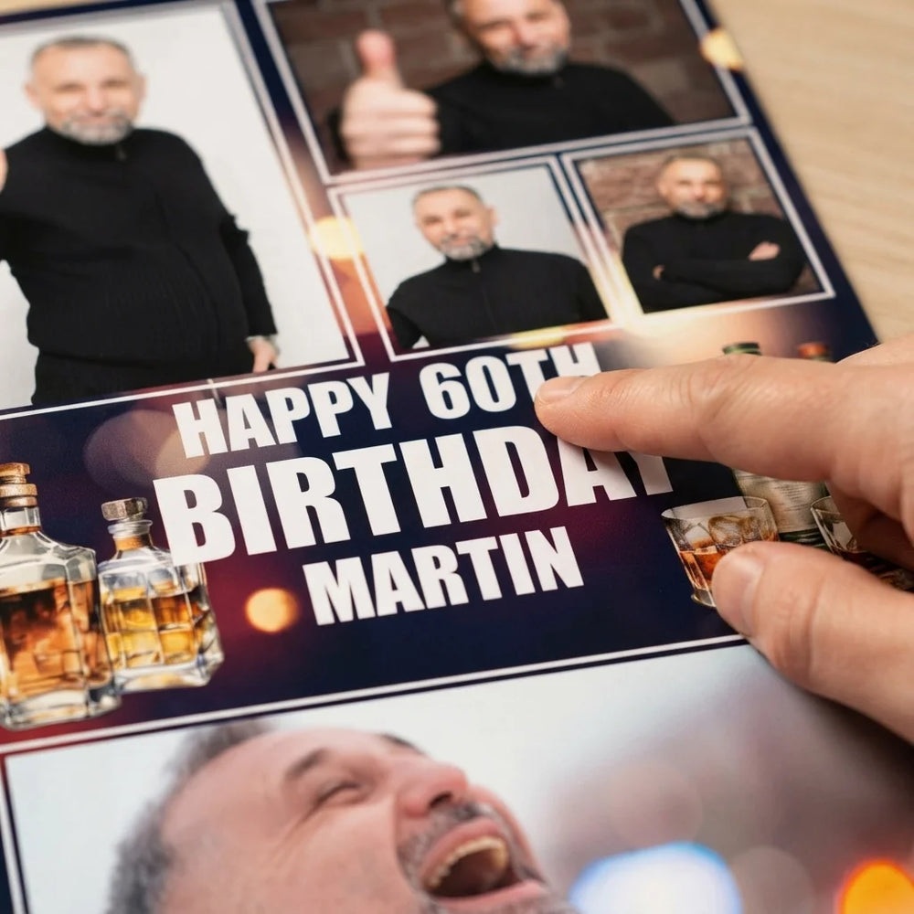 Close-up of the personalised name and photo printed on the Whiskey Birthday Party Mega Card