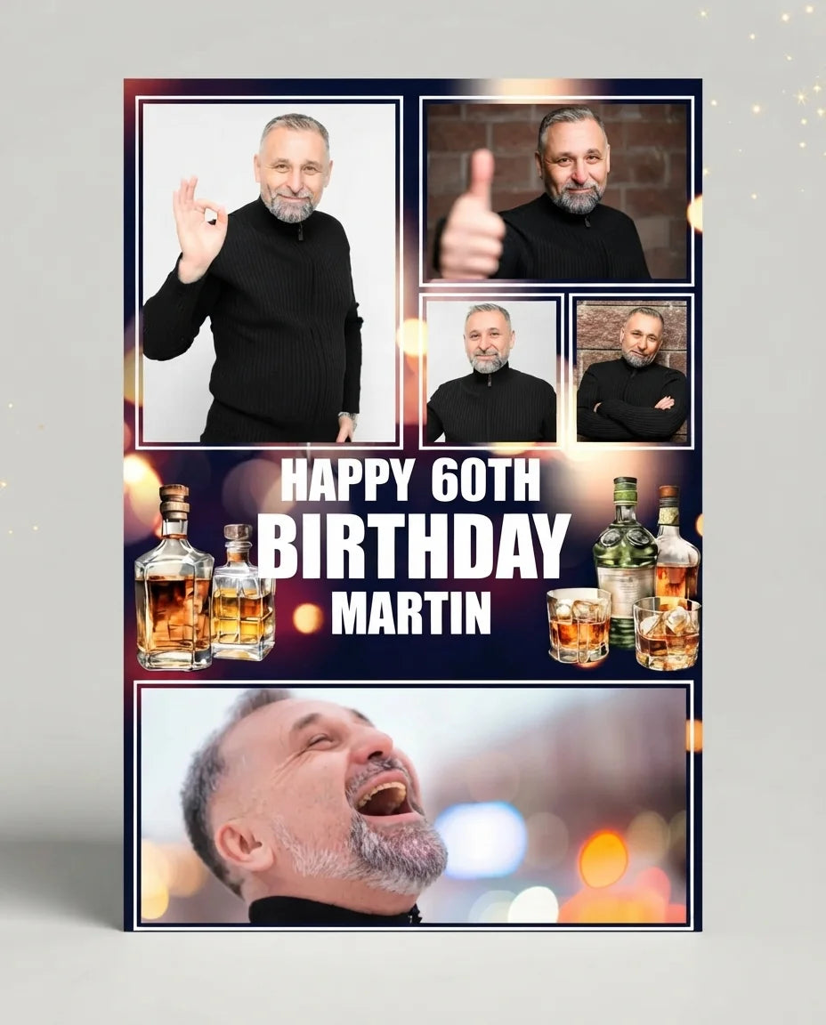 Personalised Whiskey Birthday Party Mega Card displayed against a plain studio background