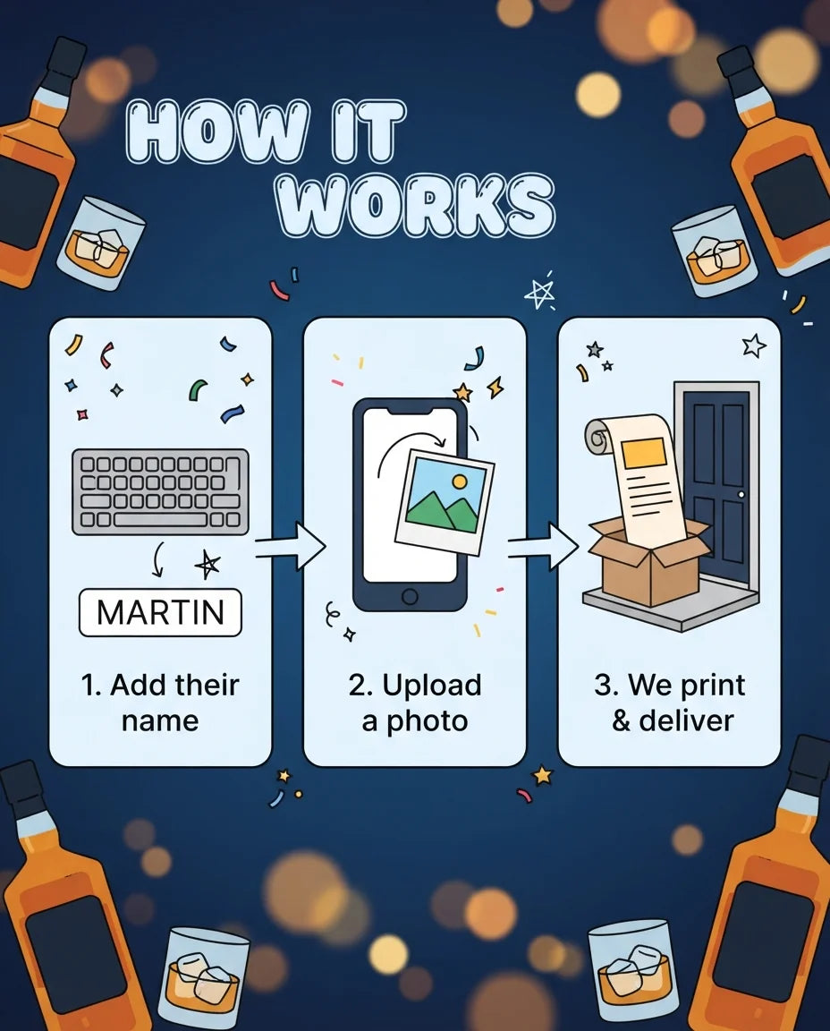 How it works: add a name, upload a photo, and we print and deliver the Whiskey Birthday Party Mega Card