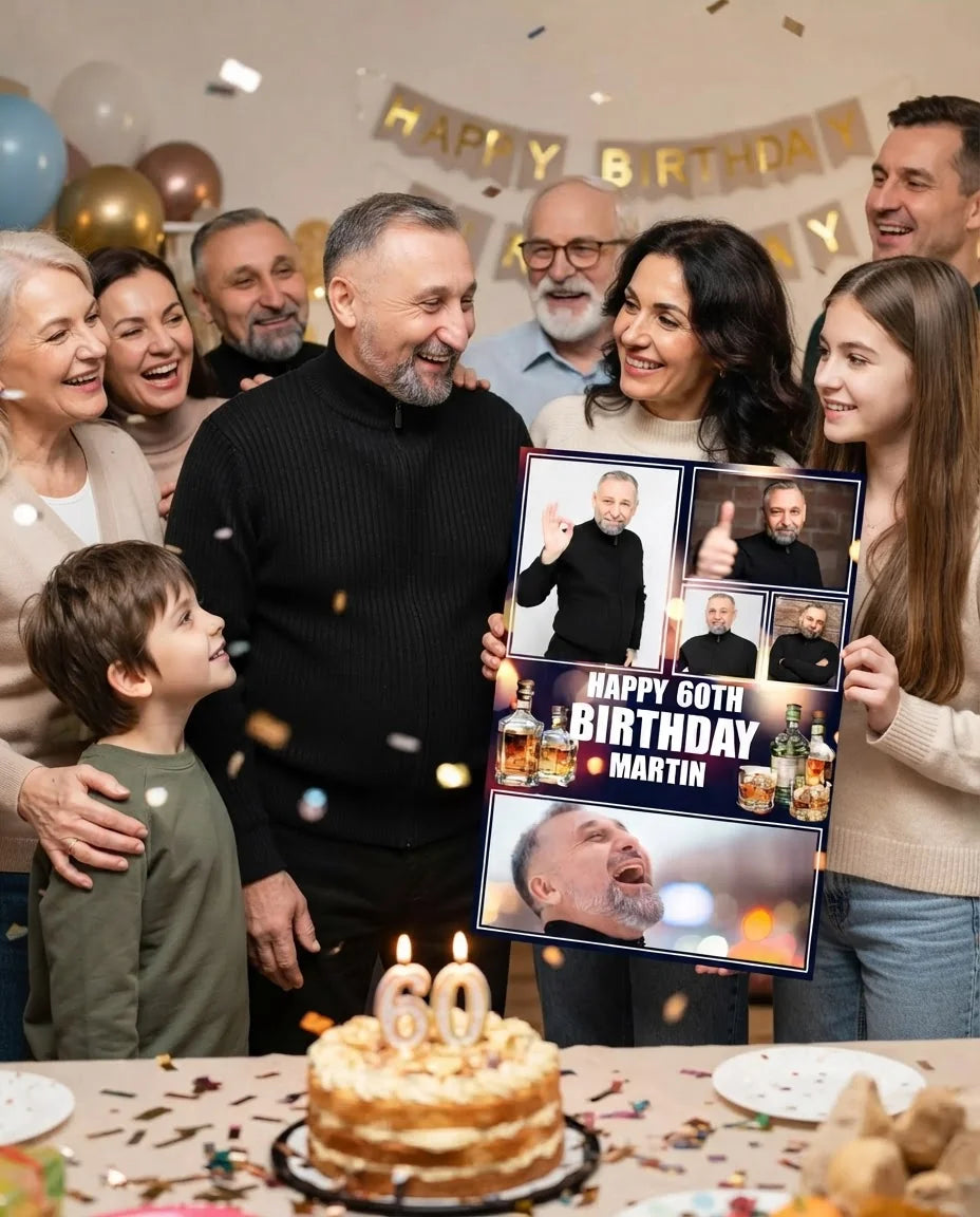 Friends and family celebrating with the personalised Whiskey Birthday Party Mega Card