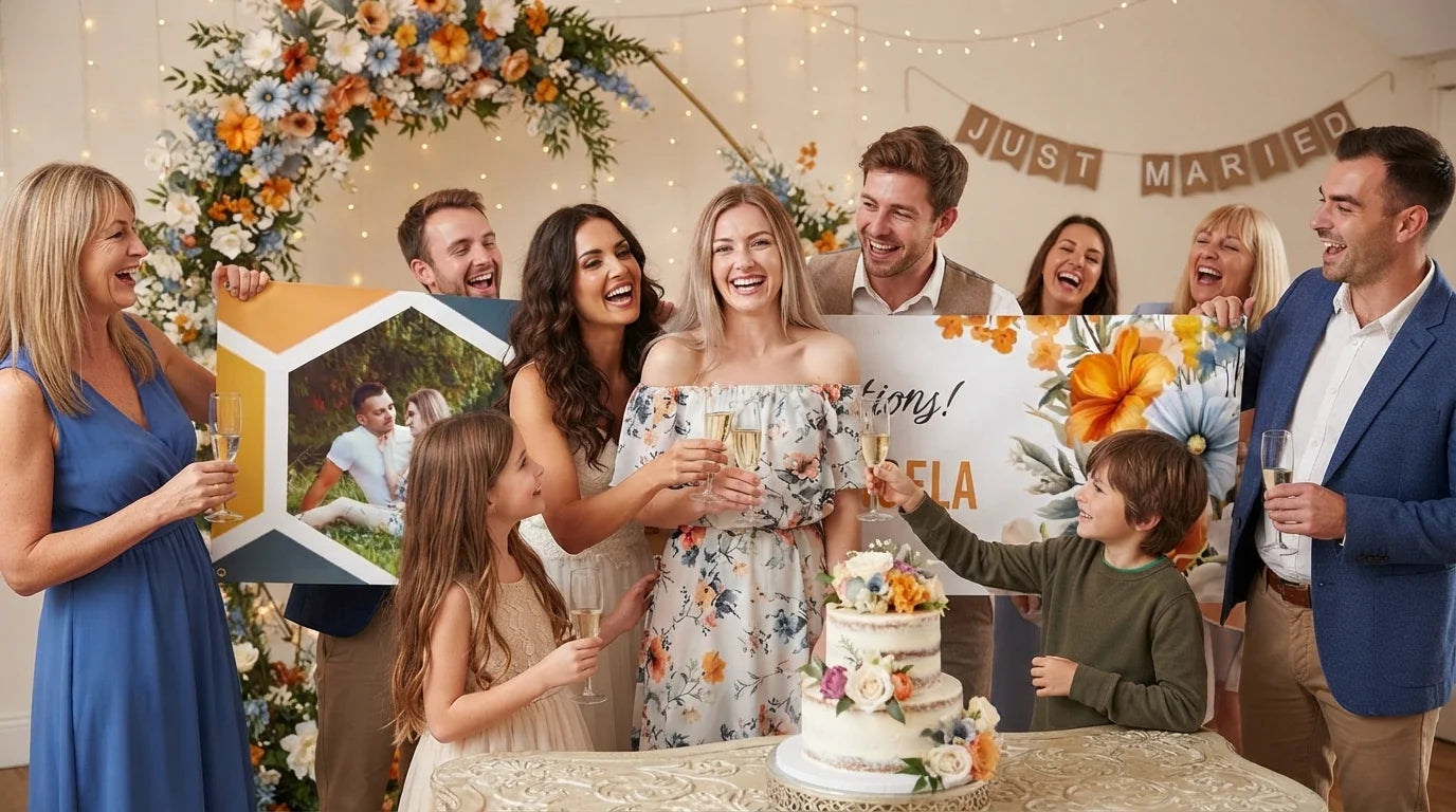 Friends and family celebrating with the personalised Wild Flower Theme Wedding Banner