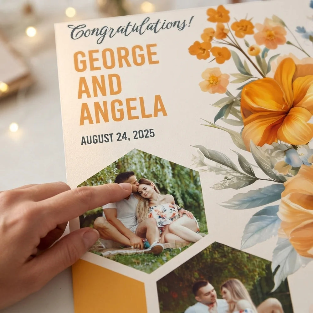 Close-up of the personalised name and photo printed on the Wild Flower Theme Wedding Mega Card
