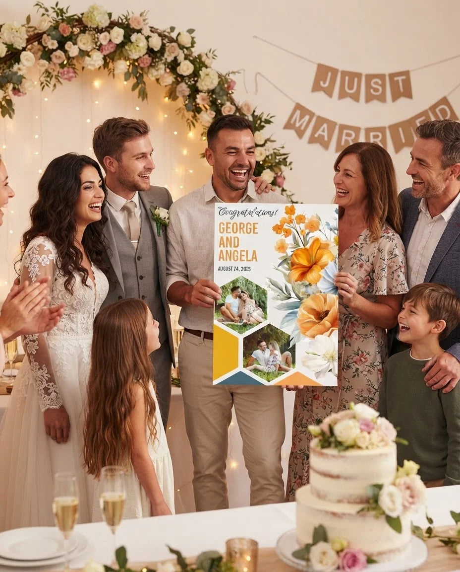 Friends and family celebrating with the personalised Wild Flower Theme Wedding Mega Card