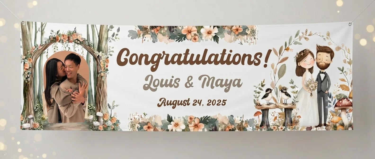 Personalised Woodland Theme Wedding Banner displayed against a plain studio background