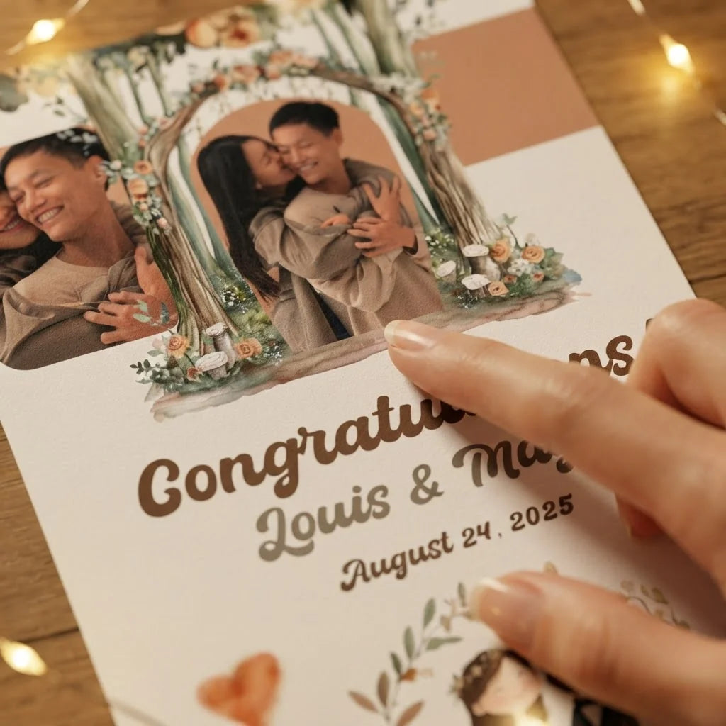 Close-up of the personalised name and photo printed on the Woodland Theme Wedding Mega Card