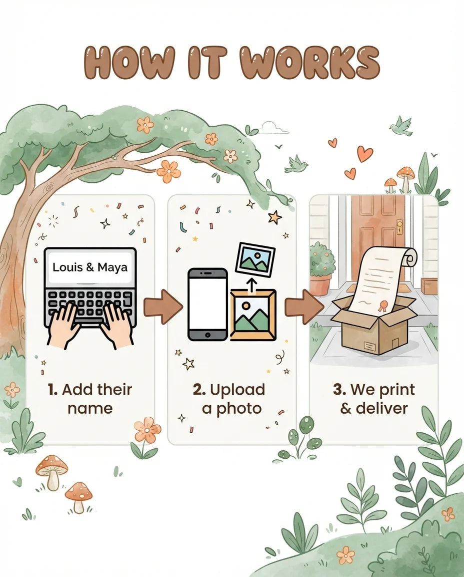 How it works: add a name, upload a photo, and we print and deliver the Woodland Theme Wedding Mega Card