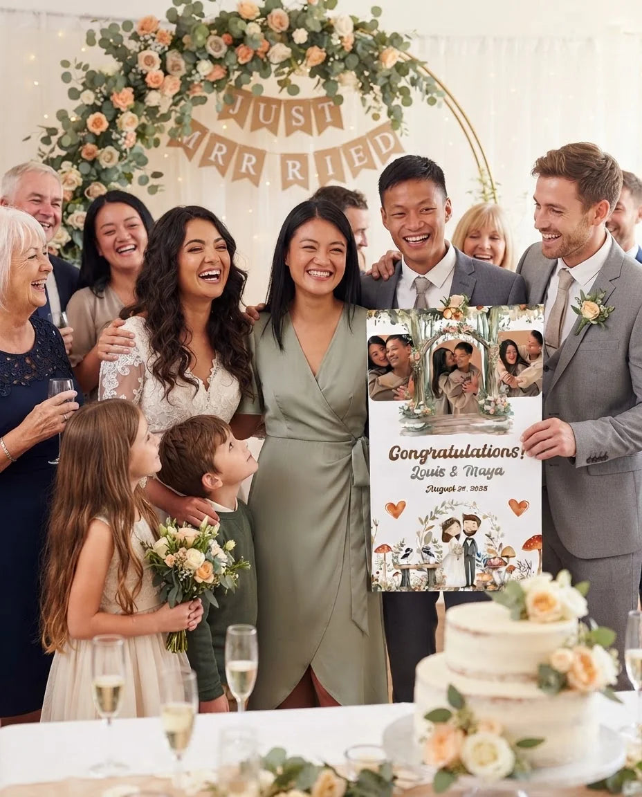 Friends and family celebrating with the personalised Woodland Theme Wedding Mega Card