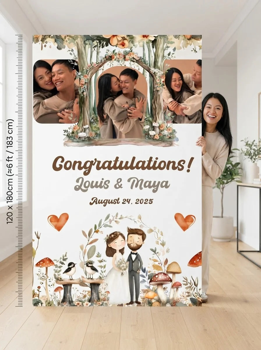 Person standing beside the Woodland Theme Wedding Mega Card for scale in a size guide