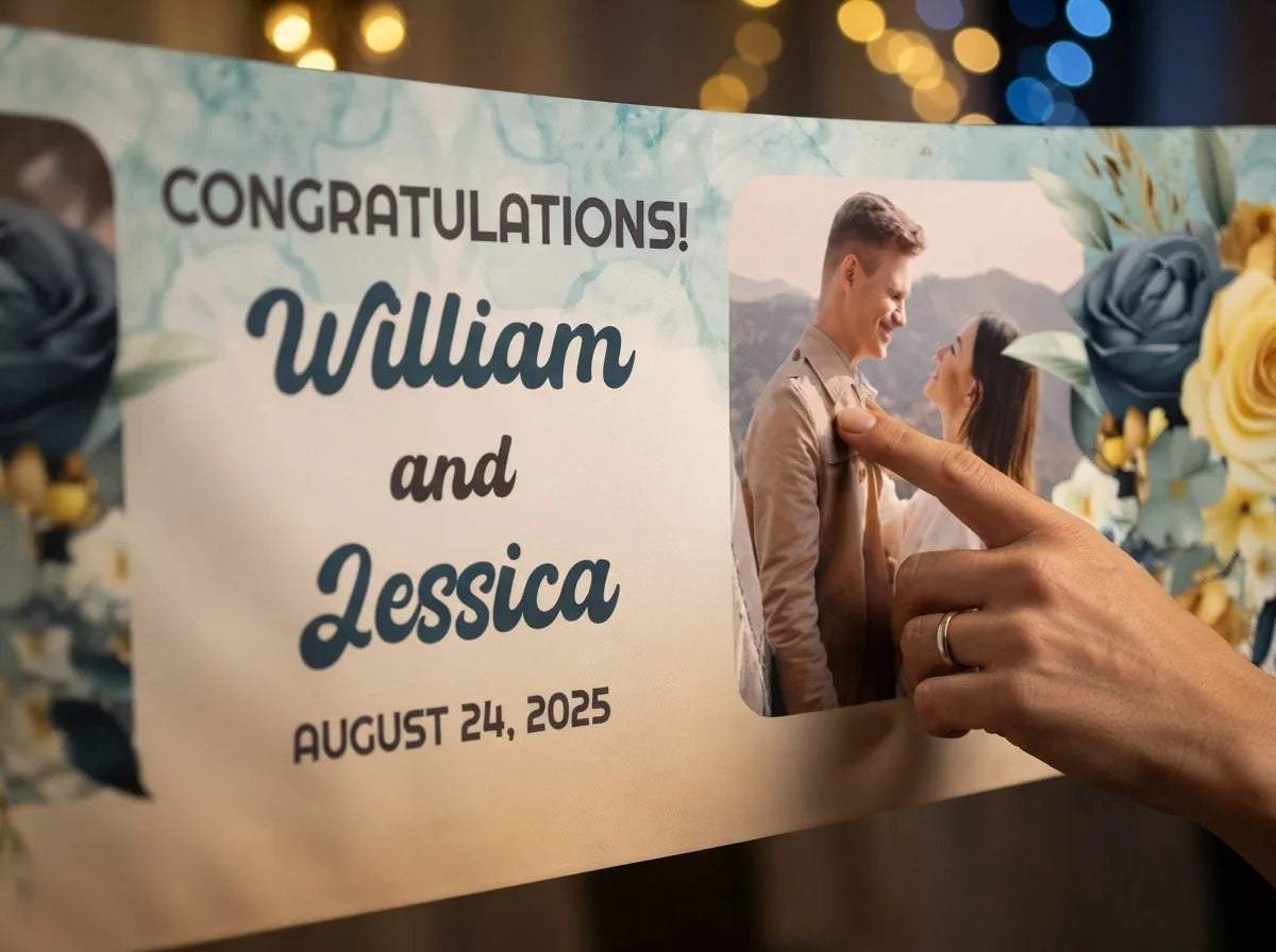 Close-up of the personalised name and photo printed on the Yellow and Sage Green Theme Wedding Banner