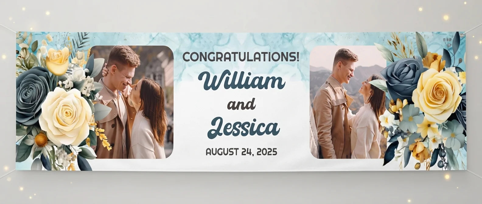 Personalised Yellow and Sage Green Theme Wedding Banner displayed against a plain studio background