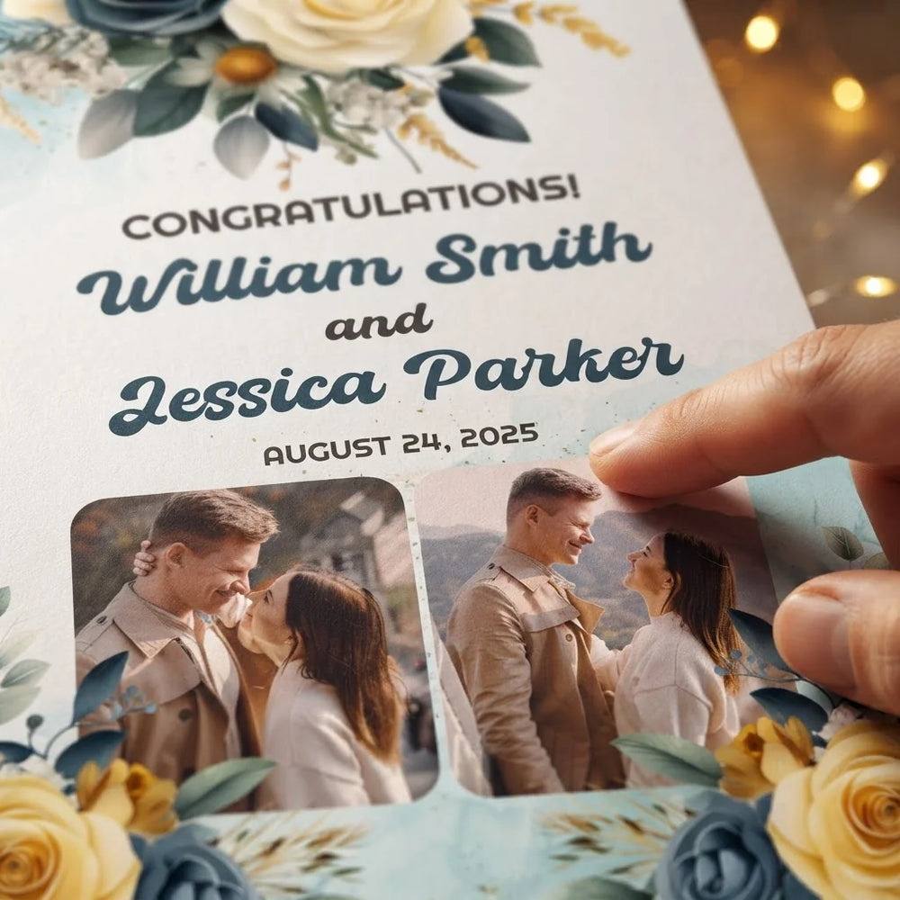 Close-up of the personalised name and photo printed on the Yellow and Sage Green Theme Wedding Mega Card