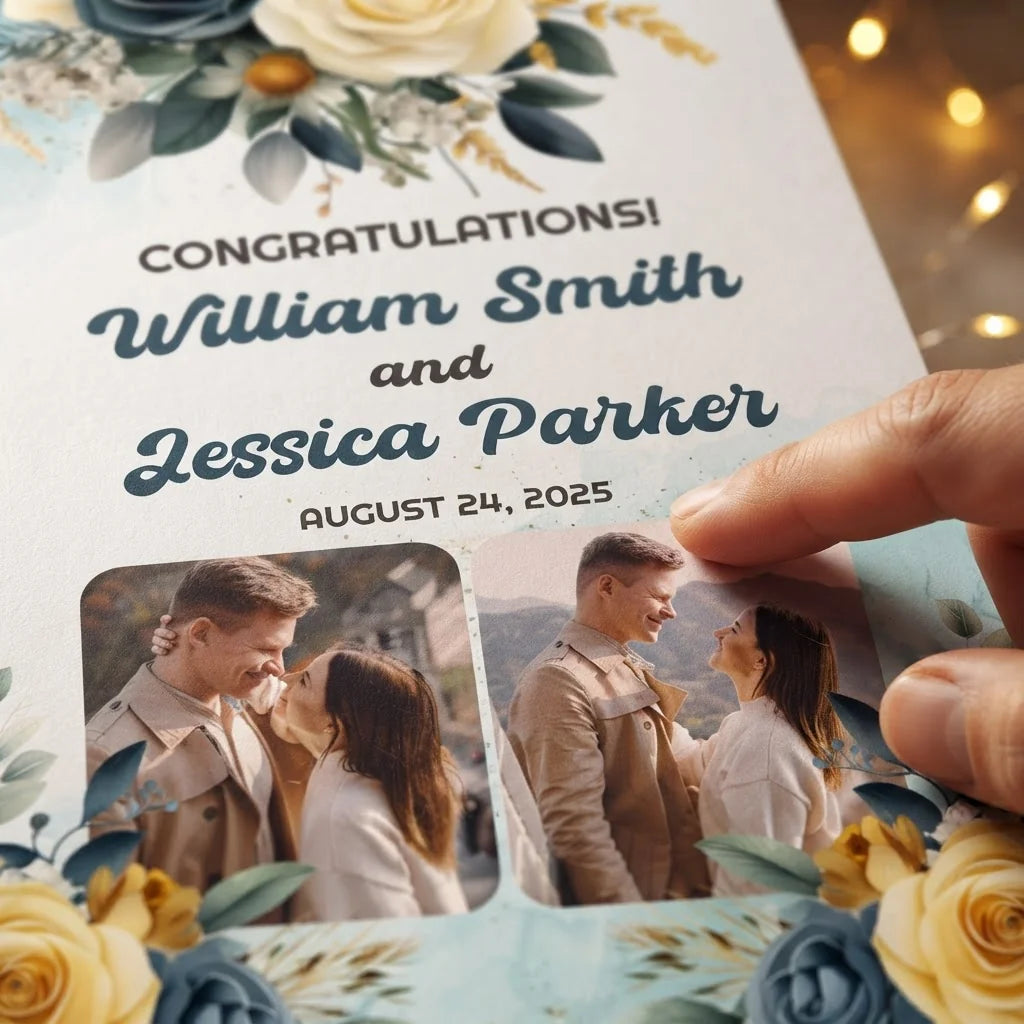 Close-up of the personalised name and photo printed on the Yellow and Sage Green Theme Wedding Mega Card