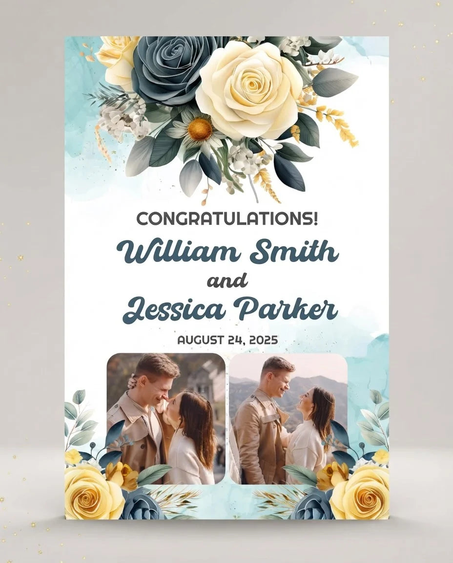 Personalised Yellow and Sage Green Theme Wedding Mega Card displayed against a plain studio background