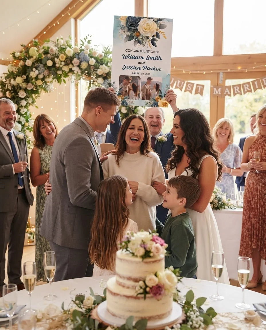 Friends and family celebrating with the personalised Yellow and Sage Green Theme Wedding Mega Card