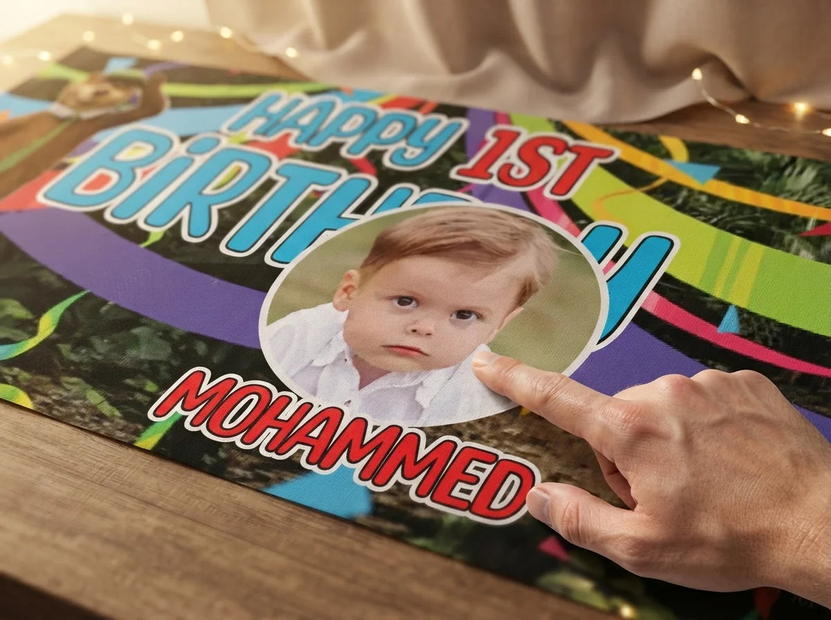 Close-up of the personalised name and photo printed on the Yogi Bear Birthday Banner