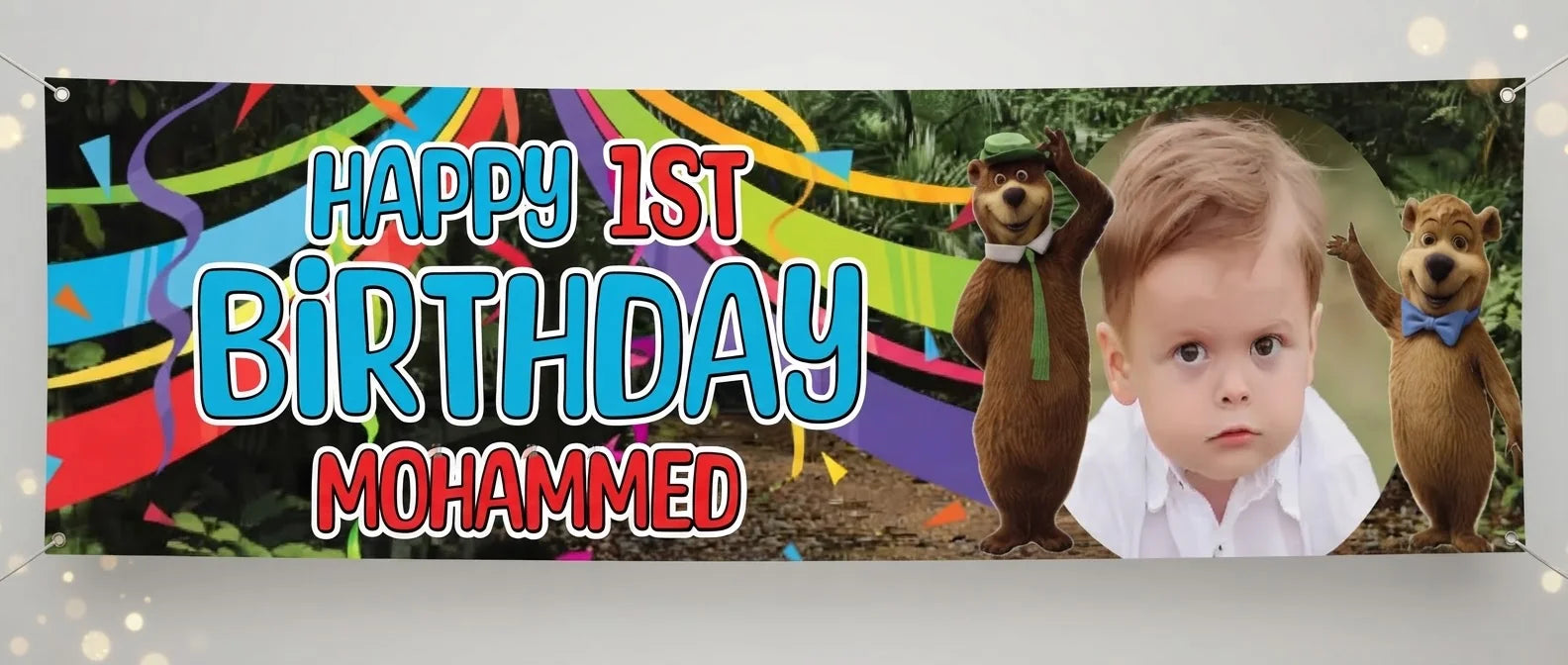 Personalised Yogi Bear Birthday Banner displayed against a plain studio background