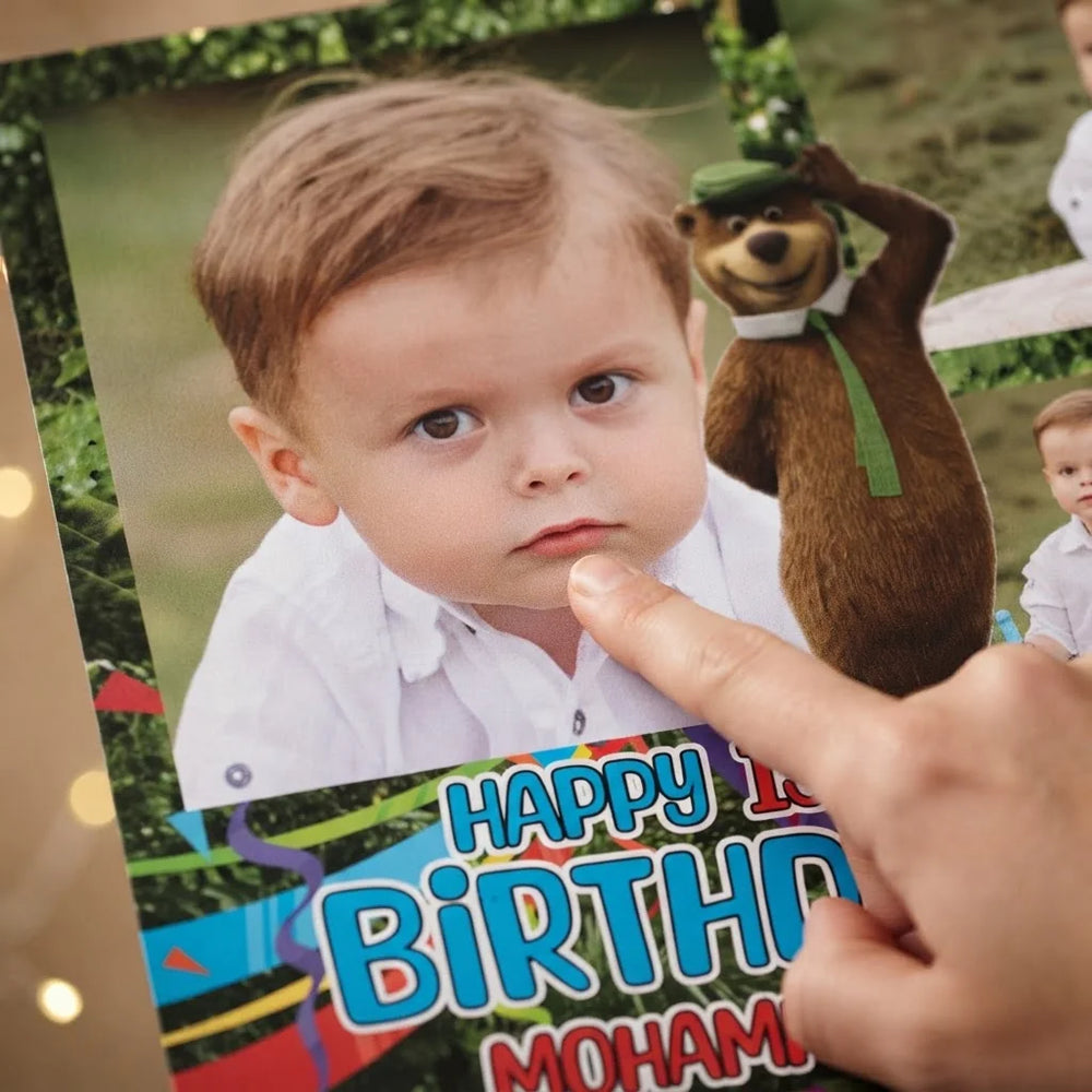 Close-up of the personalised name and photo printed on the Yogi Bear Mega Card