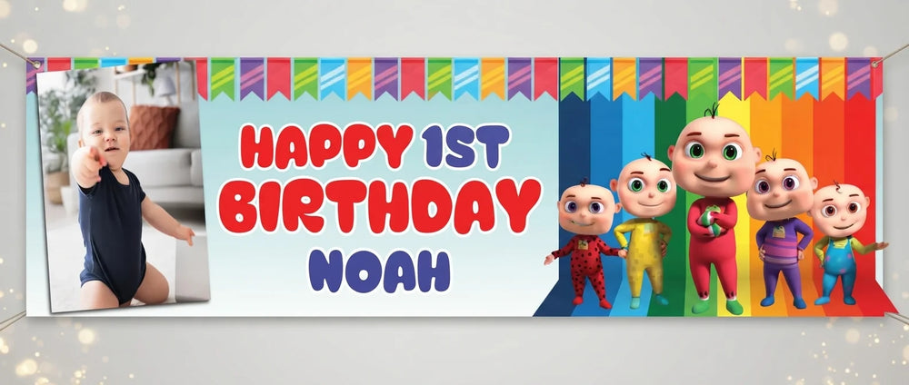 Personalised Zool Babies Birthday Banner displayed against a plain studio background