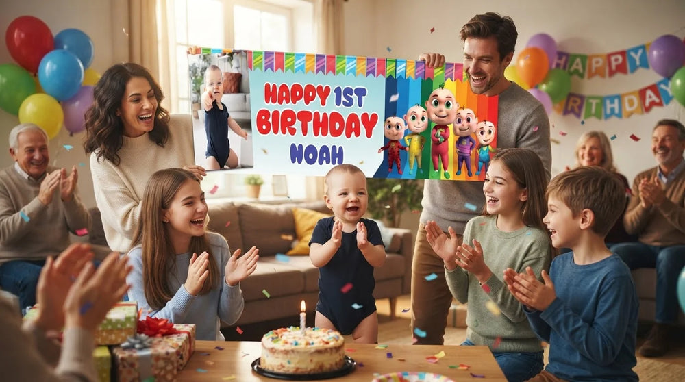 Friends and family celebrating with the personalised Zool Babies Birthday Banner