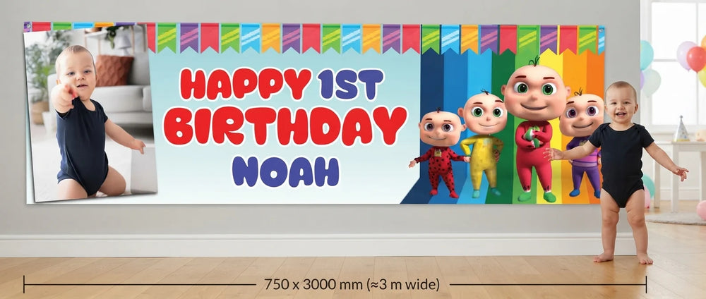 Person standing beside the Zool Babies Birthday Banner for scale, with size guide showing 750 x 3000 mm