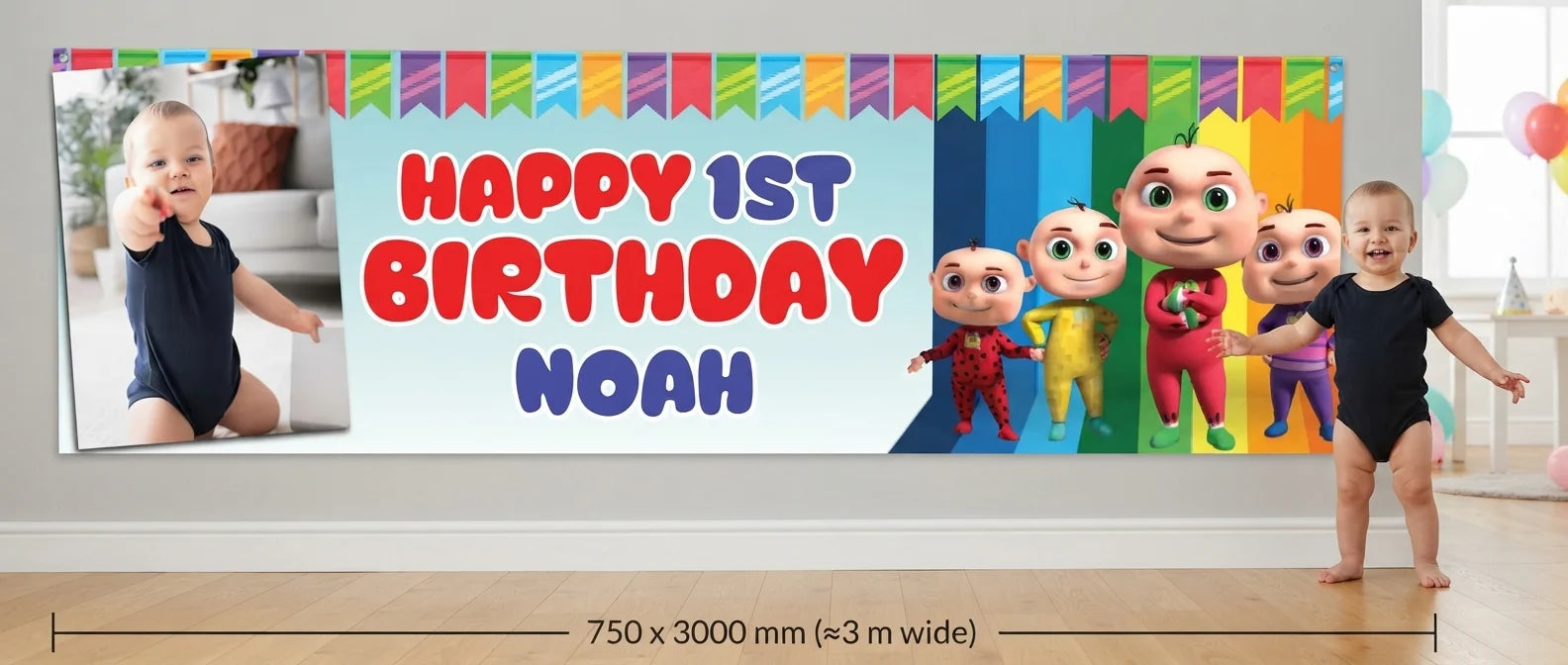 Person standing beside the Zool Babies Birthday Banner for scale, with size guide showing 750 x 3000 mm